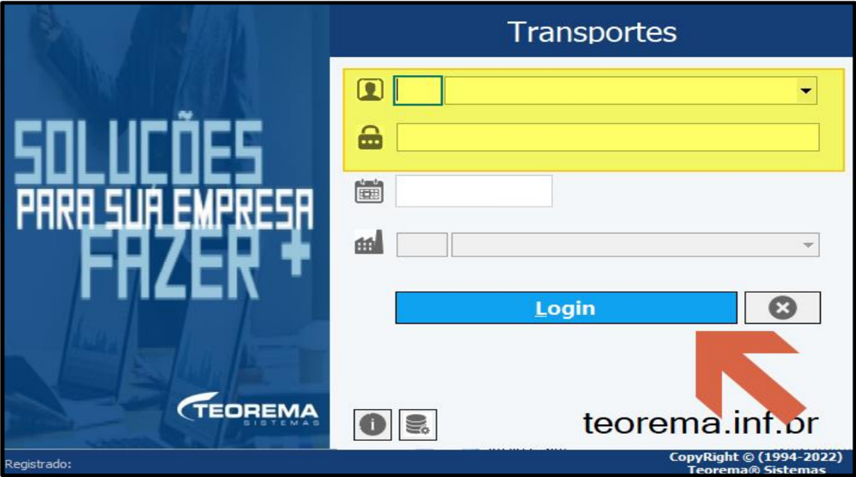 Módulo Transportes Teorema — tela de login com campos de usuário e senha e botão Login