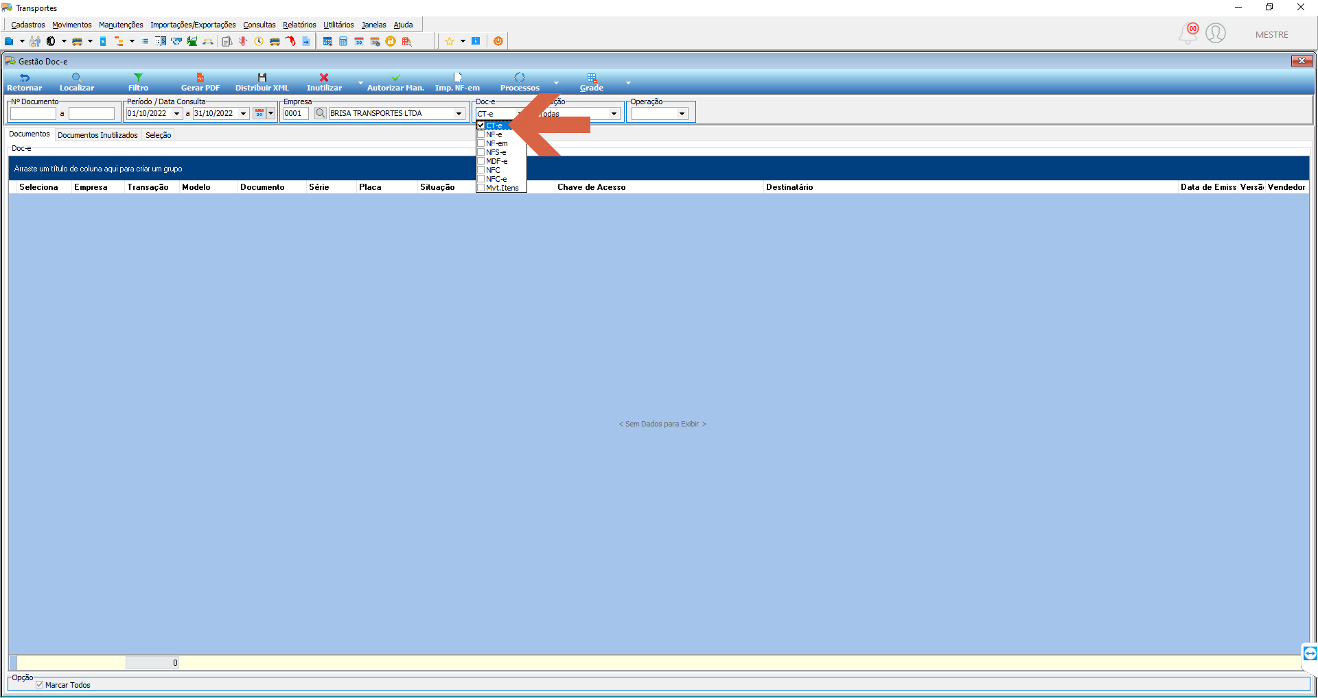 Gestão Doc-e — filtros N° Documento, Período, Empresa e campo Doc-e com dropdown aberto exibindo opções CT-e, NF-e, NF-em, NFS-e, MDF-e, NFC, NFC-e e Mvt.Itens; CT-e selecionado