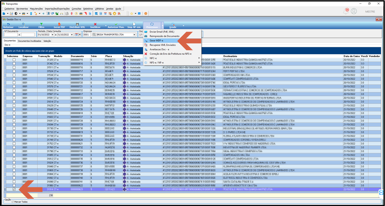 Gestão Doc-e — lista de documentos do período com menu contextual aberto exibindo opções incluindo Gerar MDF-e destacado