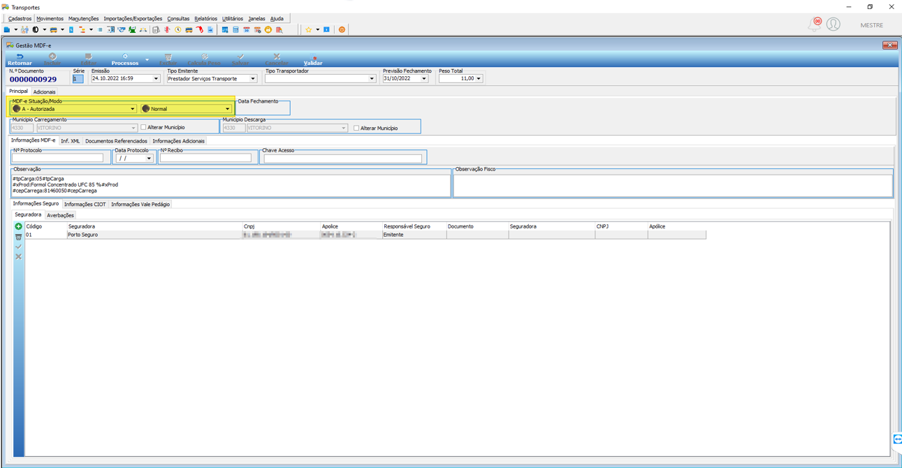 Gestão MDF-e — campo MDF-e Situação/Modo exibindo status "A - Autorizada" com seguradora Porto Seguro vinculada na aba Informações Seguro