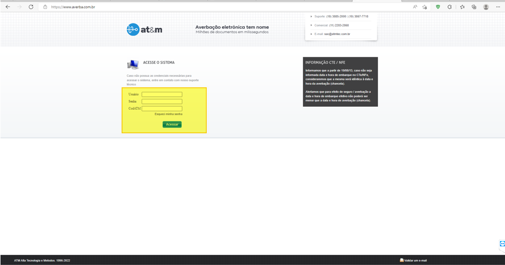 Tela de login do portal ATM em averba.com.br com campos Usuário, Senha e CodATM e botão Acessar