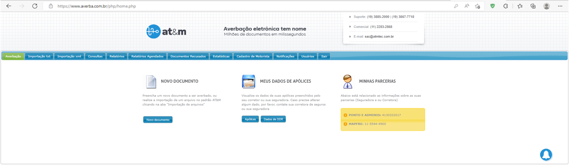 Painel inicial do portal ATM após login com menu superior (Averbação, Importação txt, Importação xml, Consultas, Relatórios, Relatórios Agendados, Documentos Recusados, Estatísticas, Cadastro de Motorista, Notificações, Usuários, Sair) e seção Minhas Parcerias com dados de PONTO E ADMINS e MAPFRE