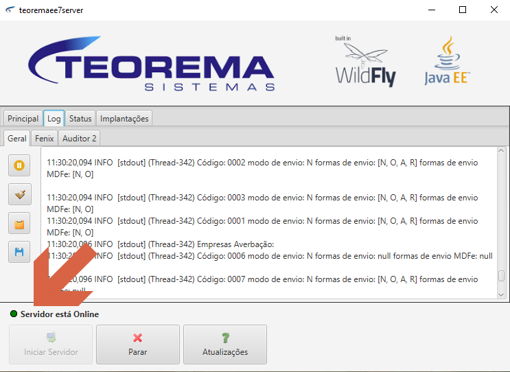 Janela do teoremaee7server com abas Principal, Log, Status, Implantações; aba Log exibindo linhas de log com código de empresa e modo de envio MDF-e e status Servidor está Online na parte inferior com botões Iniciar Servidor, Parar e Atualizações