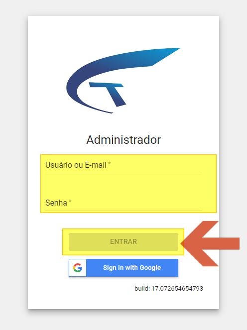 Tela de login do módulo Administrador do Teorema com campos Usuário ou E-mail e Senha e botão ENTRAR
