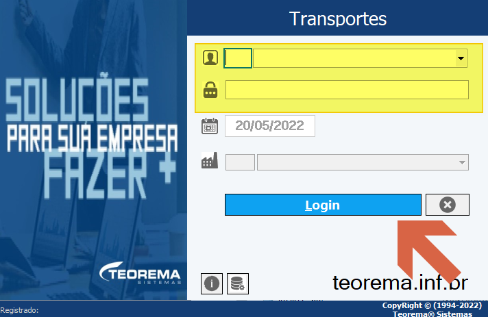 Tela de login do módulo Transportes do Teorema com campos de usuário (ícone pessoa) e senha (ícone cadeado), campo de data exibindo 20/05/2022, campo de empresa e botão Login