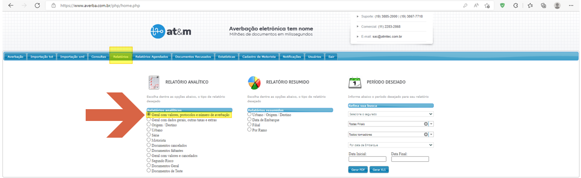 Tela Relatórios do portal ATM com seção Relatório Analítico; opção Geral com valores, protocolos e número de averbação selecionada (destacada); campos de filtro Selecione o segurado, Todas Filiais, Todos tomadores, Data Inicial e Data Final; botões Gerar PDF e Gerar XLS
