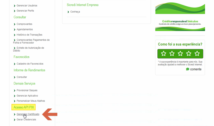 Barra lateral do Internet Banking Sicredi com o grupo "Acesso API PIX" destacado e o link "Gerenciar Certificados" indicado por uma seta