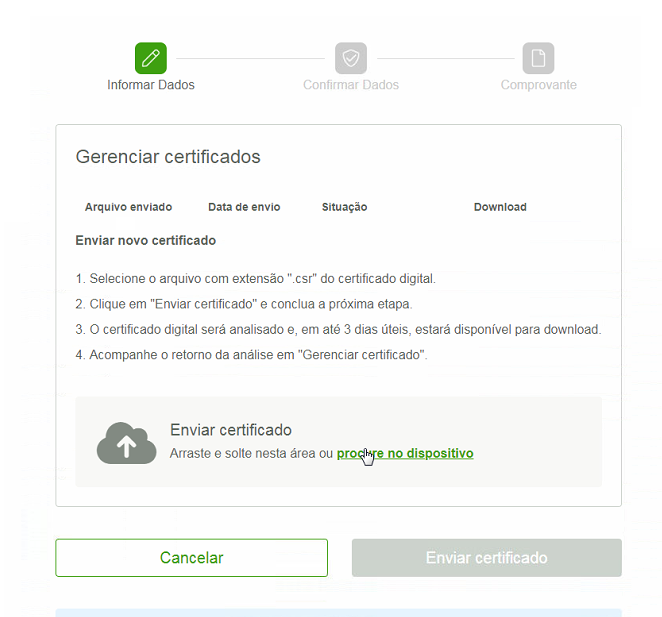 Tela "Gerenciar certificados" do Sicredi com área de upload "Enviar certificado", botão "Procure no dispositivo" e botão "Enviar certificado" desabilitado