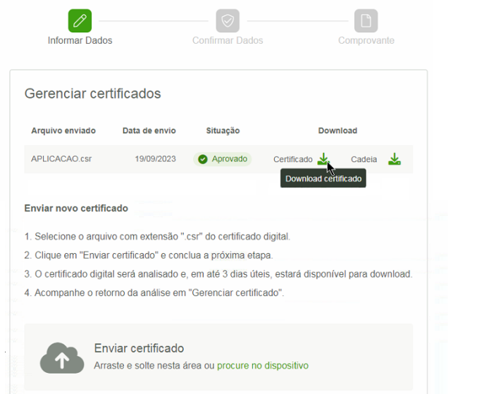 Tela "Gerenciar certificados" com linha do arquivo APLICACAO.csr, situação "Aprovado", e botão "Download certificado" em destaque
