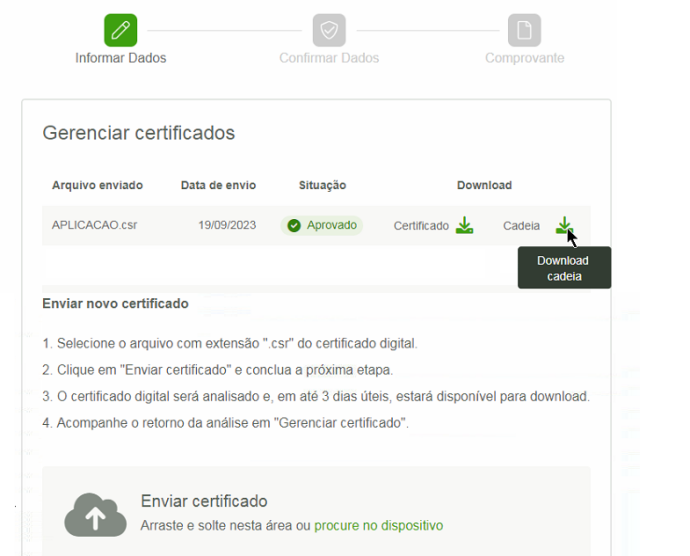Tela "Gerenciar certificados" com linha do arquivo APLICACAO.csr, situação "Aprovado", e botão "Download cadeia" em destaque