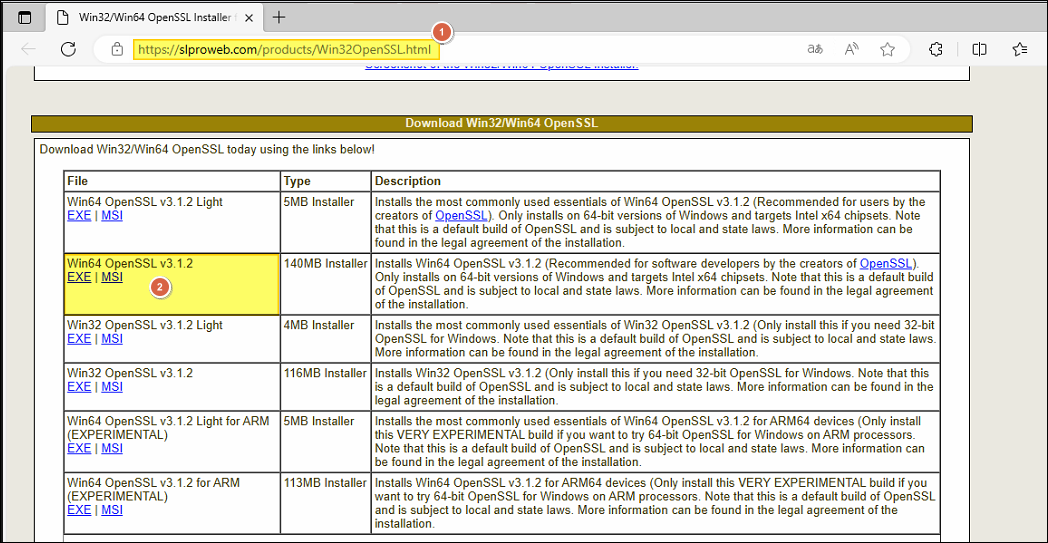 Página de download do Win32 OpenSSL com tabela de versões disponíveis para download