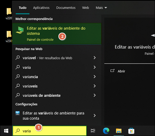 Menu Iniciar do Windows com resultado de busca "varia" destacando a opção "Editar as variáveis de ambiente do sistema"