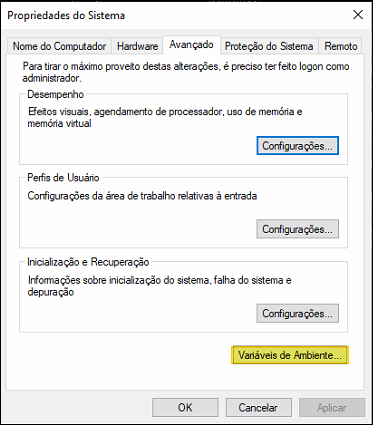 Janela Propriedades do Sistema com abas Nome do Computador, Hardware, Avançado, Proteção do Sistema e Remoto; botão Variáveis de Ambiente destacado