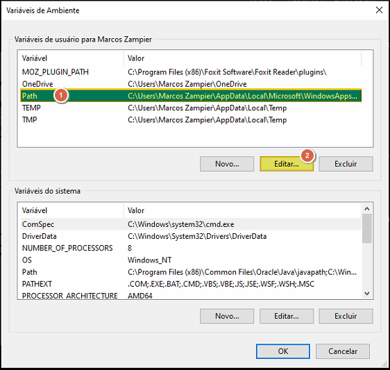Janela Variáveis de Ambiente com variáveis de usuário (MOZ_PLUGIN_PATH, OneDrive, Path, TEMP, TMP) e variáveis do sistema; variável Path do usuário selecionada e botão Editar destacado