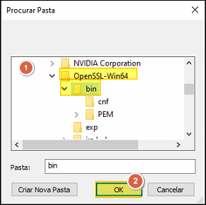 Janela Procurar Pasta com estrutura de diretórios mostrando OpenSSL-Win64 expandido com subpasta bin selecionada
