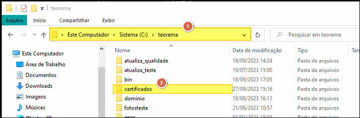 Windows Explorer mostrando o diretório C:\teorema com a pasta certificados criada em 27/09/2023