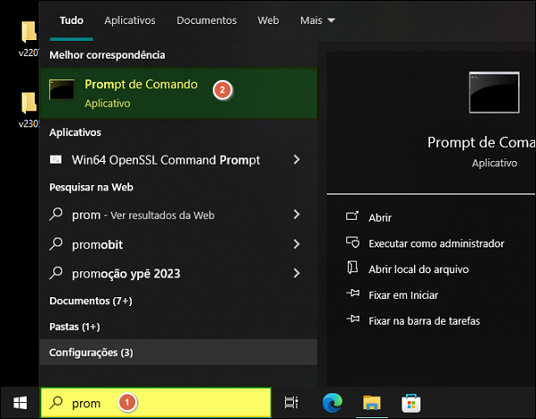 Menu Iniciar com resultado de busca "prom" exibindo Prompt de Comando como melhor correspondência