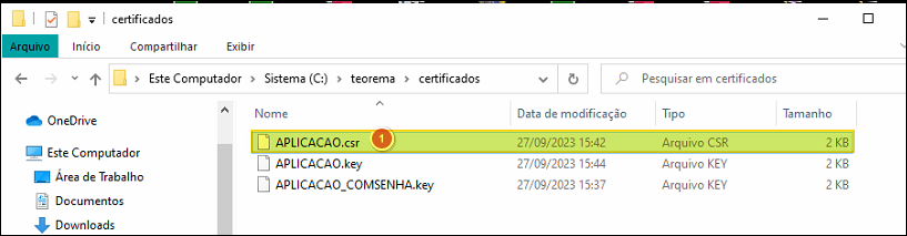 Windows Explorer mostrando a pasta C:\teorema\certificados com os arquivos APLICACAO.csr (Arquivo CSR, 2 KB), APLICACAO.key (Arquivo KEY, 2 KB) e APLICACAO_COMSENHA.key (Arquivo KEY, 2 KB)