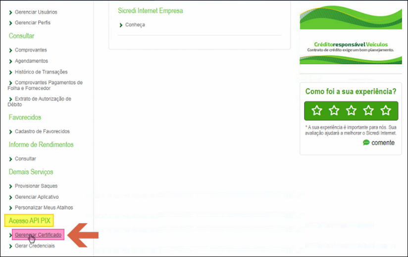 Menu lateral do Internet Banking Sicredi com seção Acesso API PIX contendo as opções Gerenciar Certificados e Gerar Credenciais; opção Gerenciar Certificados destacada com seta