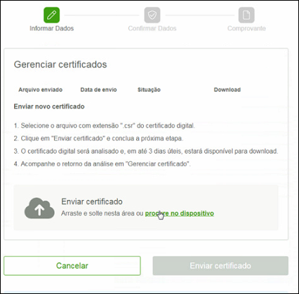 Tela Gerenciar Certificados do Internet Banking Sicredi com wizard de três etapas (Informar Dados, Confirmar Dados, Comprovante); área de envio de certificado com opção "procure no dispositivo" e botão Enviar certificado desabilitado