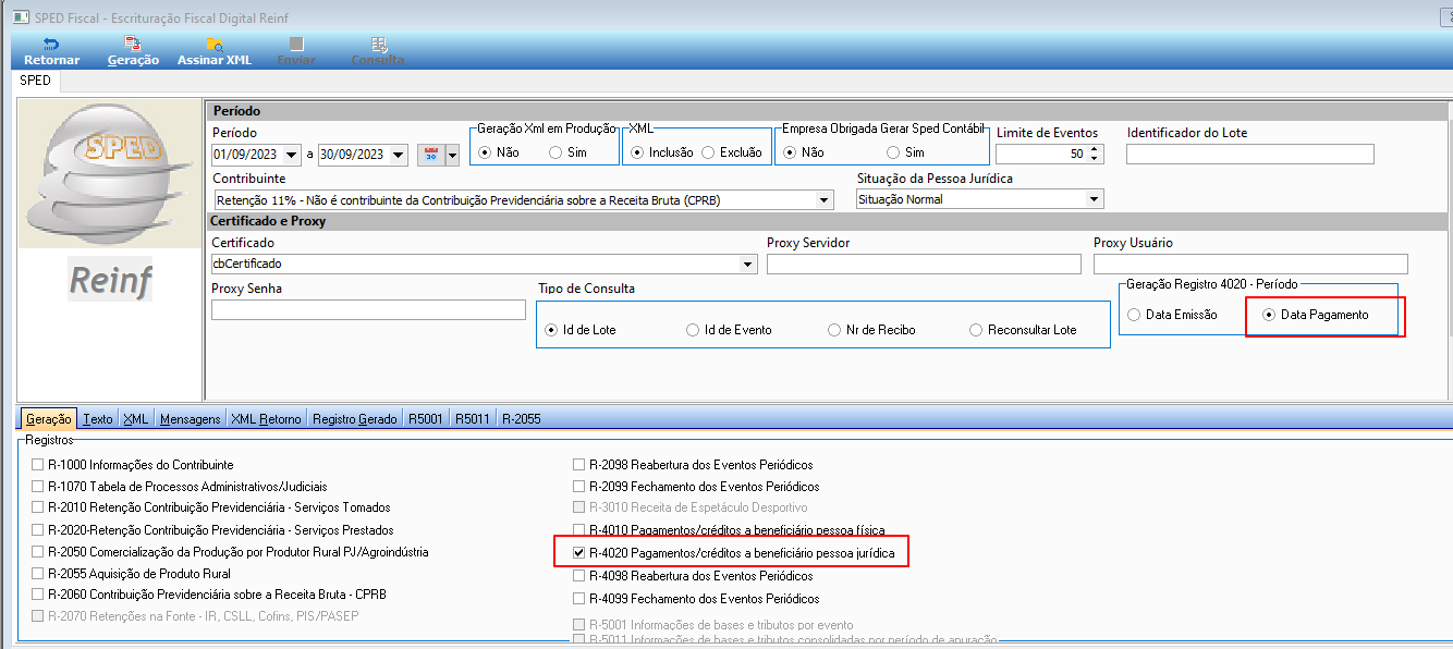 Tela de geração do SPED Fiscal com o grupo "Geração Registro 4020 - Período" exibindo as opções "Data Emissão" e "Data Pagamento", com "Data Pagamento" selecionado; a opção R-4020 Pagamentos/créditos a beneficiário pessoa jurídica está marcada na lista de Registros