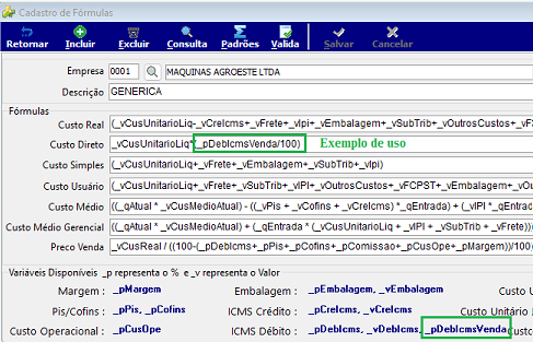 Cadastro de Fórmulas com a variável _pDebIcmsVenda destacada na linha "Custo Direto" e na seção "Variáveis Disponíveis" em ICMS Débito
