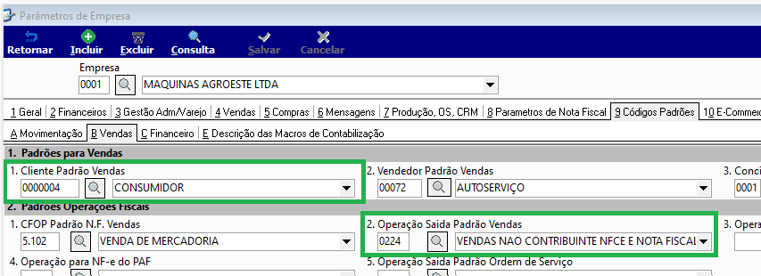 Parâmetros de Empresa, aba 9 Códigos Padrões > B Vendas, com os campos "Cliente Padrão Vendas" (0000004 – CONSUMIDOR) e "Operação Saída Padrão Vendas" (0224 – VENDAS NAO CONTRIBUINTE NFCE E NOTA FISCAL) destacados