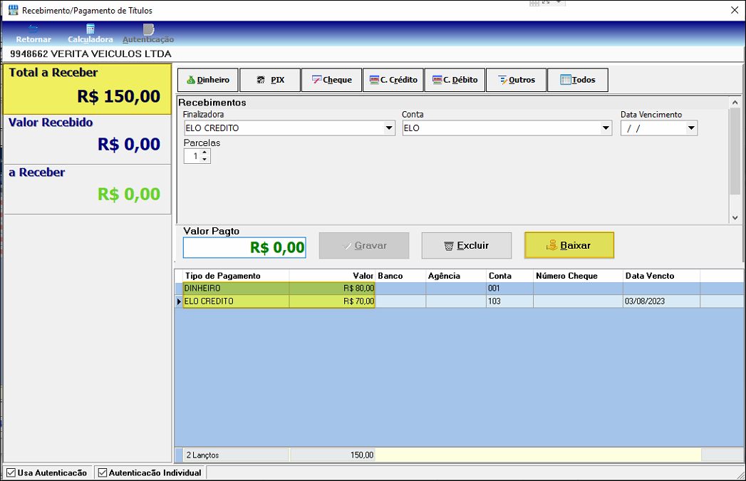 Tela Recebimento/Pagamento de Títulos para o cliente 9948662 VERITA VEÍCULOS LTDA; painel esquerdo com Total a Receber R$ 150,00, Valor Recebido R$ 0,00 e a Receber R$ 0,00; grade de lançamentos mostrando DINHEIRO R$ 80,00 (conta 001) e ELO CRÉDITO R$ 70,00 (conta 103, vencimento 03/08/2023); abas Dinheiro, PIX, Cheque, C. Crédito, C. Débito, Outros, Todos; campo Valor Pagto R$ 0,00; botões Gravar, Excluir e Baixar