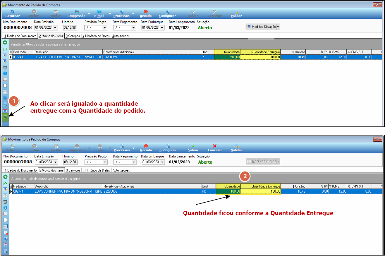 Tela Movimento de Pedido de Compras com a aba Movto dos Itens aberta; na parte superior é exibido o pedido 0000002008 com situação Aberto; na grade o item 000741 (Luva Correr PVC) mostra Quantidade 200,00 e Quantidade Entregue 100,00; anotação indica "Ao clicar será igualado a quantidade entregue com a Quantidade do pedido"; na parte inferior a mesma tela após o clique mostra Quantidade 100,00 igualada à Quantidade Entregue 100,00 com anotação "Quantidade ficou conforme a Quantidade Entregue"