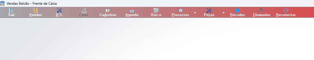 Barra de menu do Vendas Balcão — Frente de Caixa exibindo os botões: Sair, Vendas, O.S., Caixa, Cadastros, Agenda, Doc-e, Processos, Peças, Recados, Chamadas e Reconectar