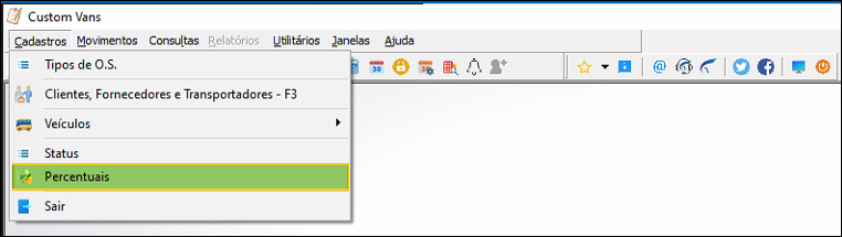 Menu Cadastros aberto no Custom Vans com a opção Percentuais destacada em verde