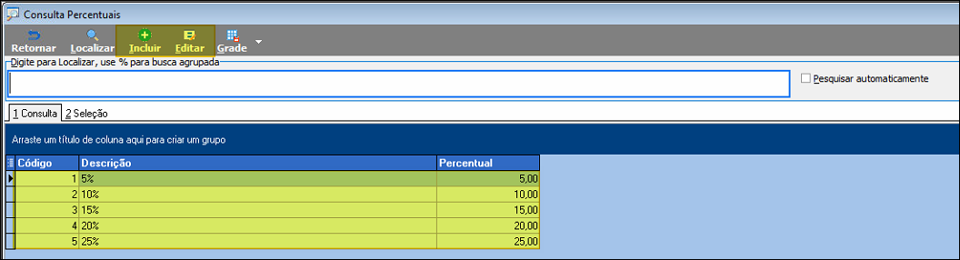 Tela Consulta Percentuais com grade listando registros: Código 1 – 5% (5,00), Código 2 – 10% (10,00), Código 3 – 15% (15,00), Código 4 – 20% (20,00), Código 5 – 25% (25,00)