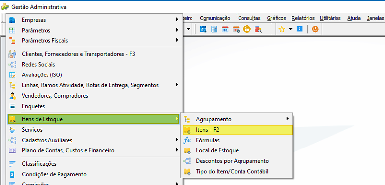 Menu Gestão Administrativa com o caminho Itens de Estoque > Itens – F2 destacado