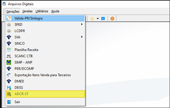 Menu Gerações do módulo Arquivos Digitais com o item ADCR-ST destacado