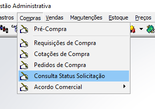 Menu Compras do módulo Gestão Administrativa com as opções Pré-Compra, Requisições de Compra, Cotações de Compra, Pedidos de Compra, Consulta Status Solicitação (destacada) e Acordo Comercial