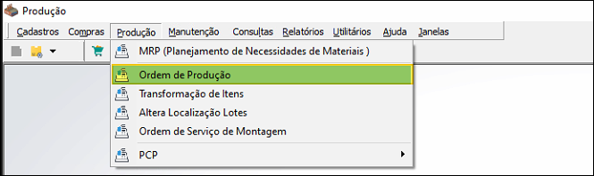 Menu Produção com item Ordem de Produção destacado
