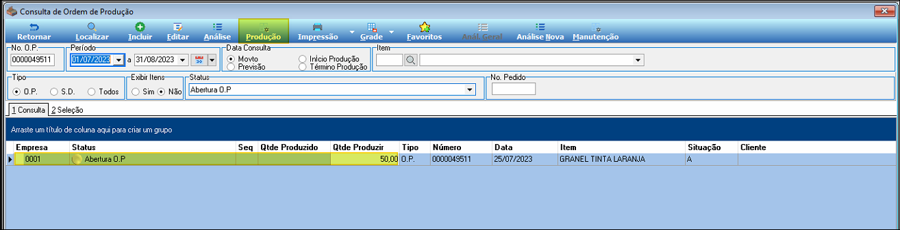 Tela Consulta de Ordem de Produção com filtros No. O.P., Período, Tipo, Status e grid com a O.P. localizada; botão Produção destacado na barra