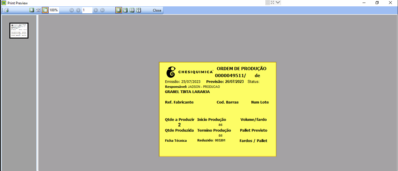 Print Preview da etiqueta da O.P. com cabeçalho CHESIQUIMICA — ORDEM DE PRODUÇÃO 0000049511, item GRANEL TINTA LARANJA, datas, responsável JADSON - PRODUCAO e campos de lote e produção