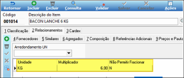 Cadastro do item 001014 BACON LANCHE 6 KG, aba Relacionamentos, com Unidade KG e Multiplicador 6,00 destacado em amarelo