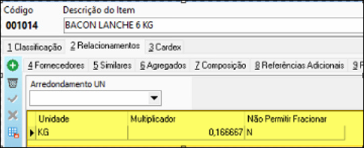 Cadastro do item 001014 BACON LANCHE 6 KG, aba Relacionamentos, com Unidade KG e Multiplicador 0,166667