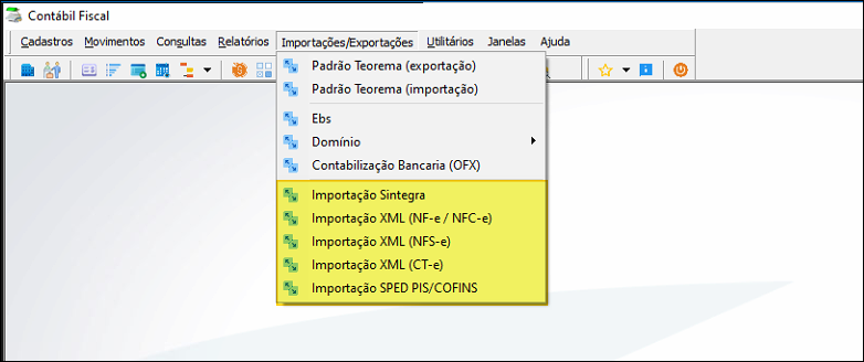Menu Importações/Exportações do módulo Contábil Fiscal com as opções Importação Sintegra, Importação XML (NF-e / NFC-e), Importação XML (NFS-e), Importação XML (CT-e) e Importação SPED PIS/COFINS destacadas