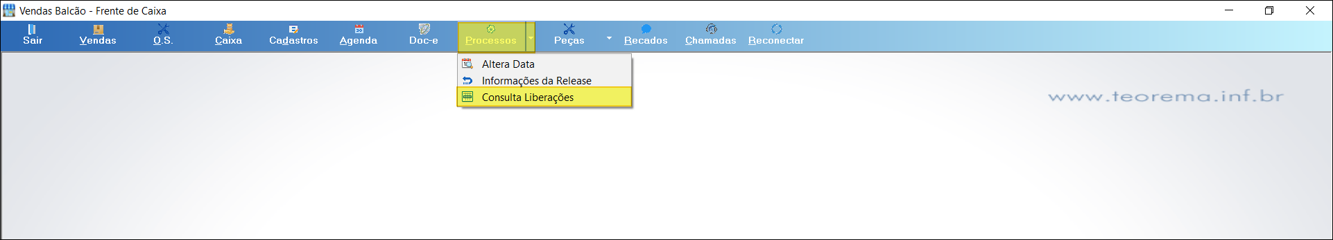 Menu Processos do módulo Vendas Balcão – Frente de Caixa com o item Consulta Liberações destacado em amarelo