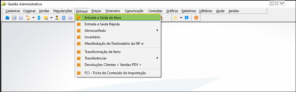 Menu Estoque com submenu expandido; a opção "Entrada e Saída de Itens" está destacada