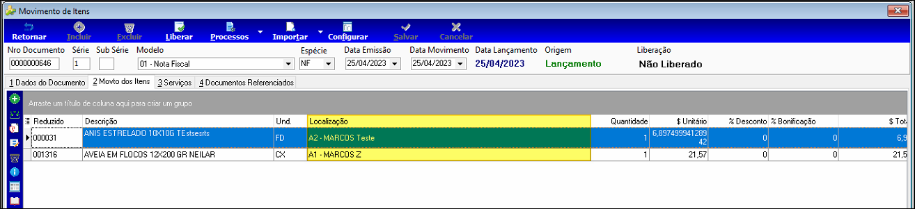 Tela Movimento de Itens com colunas Reduzido, Descrição, Und, Localização, Quantidade, $ Unitário, % Desconto, % Bonificação e $ Total; coluna Localização destacada com os valores "A2 - MARCOS Teste" e "A1 - MARCOS Z"