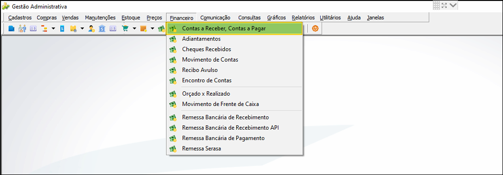 Menu Financeiro do módulo Gestão Administrativa com o item "Contas a Receber, Contas a Pagar" destacado