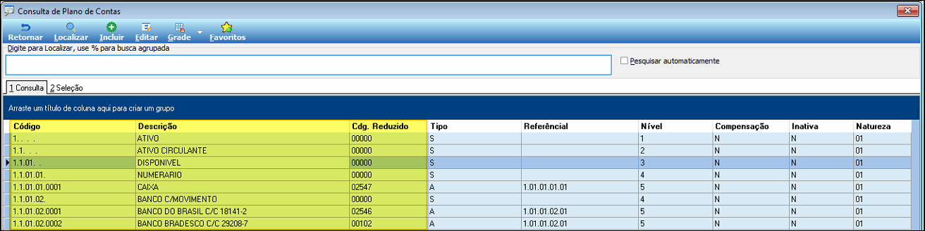 Tela "Consulta de Plano de Contas" exibindo grid com colunas Código, Descrição, Cdg. Reduzido, Tipo, Referencial, Nível, Compensação, Inativa e Natureza, com a conta DISPONÍVEL selecionada