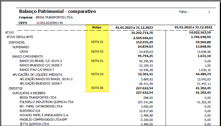 Relatório "Balanço Patrimonial - comparativo" da empresa BRISA TRANSPORTES LTDA com a coluna "Notas" exibindo os valores NOTA 01, NOTA 03, NOTA 04 e NOTA 06 nas respectivas contas