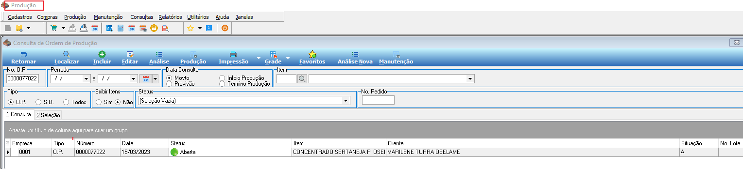 Tela Consulta de Ordem de Produção com campo No. O.P. preenchido com 0000077022; grade exibe resultado com tipo O.P., data 15/03/2023, status Aberta, item CONCENTRADO SERTANEJA P. OSEI e cliente MARILENE TURRA OSELAME