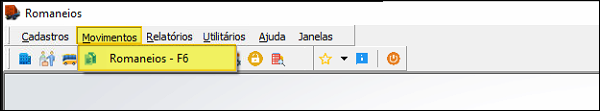 Menu superior com Movimentos destacado e submenu exibindo a opção Romaneios - F6