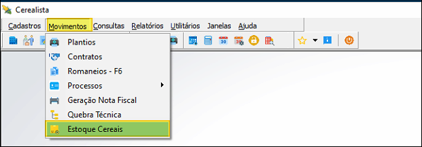 Menu Movimentos do Cerealista com a opção Estoque Cereais destacada